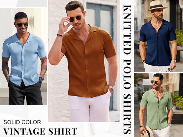 COOFADY Men''s Knit Button Down Shirts Casual Cuban Collar Shirt Summer Tops