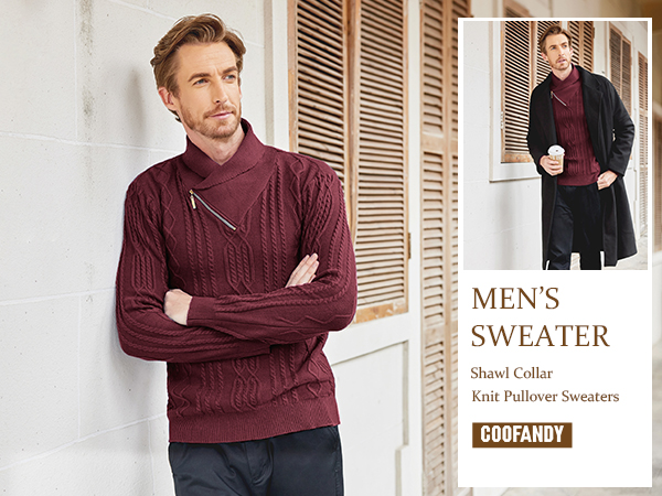 COOFANDY Men''s Shawl Collar Sweater Slim Fit Casual Cotton Zip Pullover Cable Knitted Sweaters