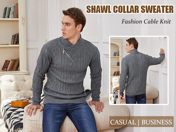 COOFANDY Men''s Shawl Collar Sweater Slim Fit Casual Cotton Zip Pullover Cable Knitted Sweaters