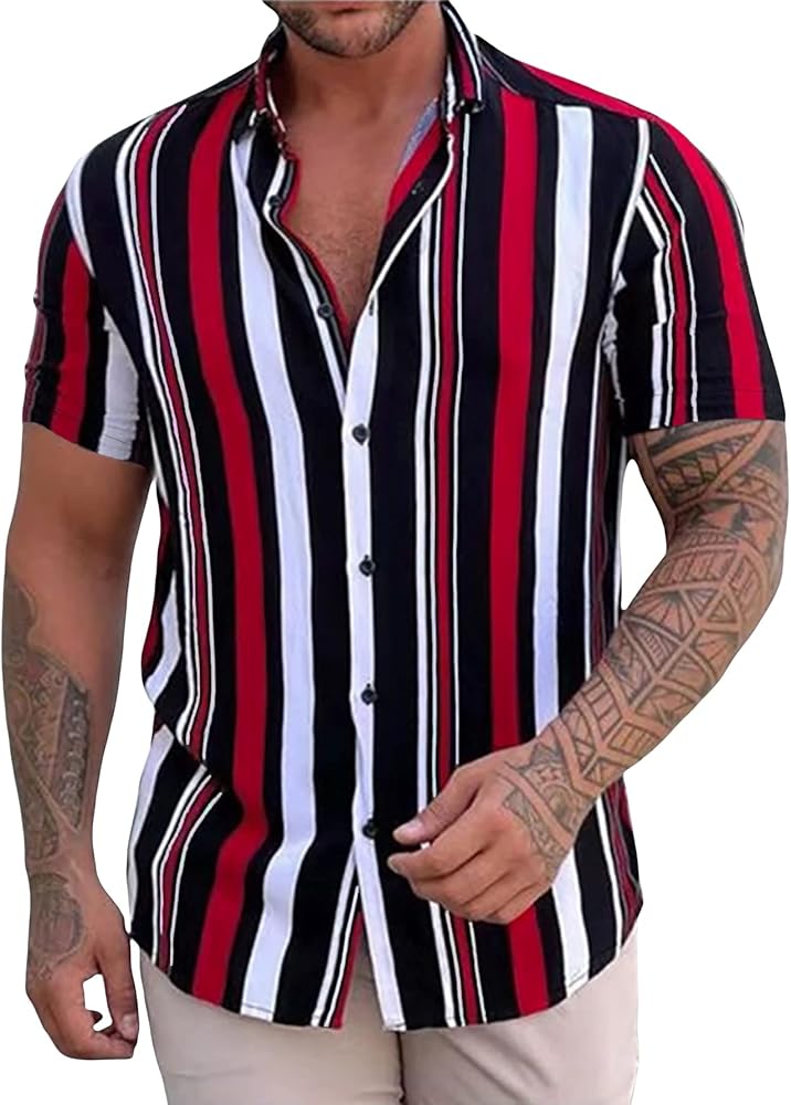 Floerns Men's Striped Shirts Casual Short Sleeve Button Down Shirts