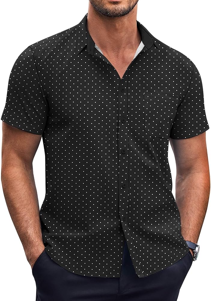 COOFANDY Mens Short Sleeve Button Down Shirts Wrinkle Free Dress Shirts Casual Polka Dot Print Shirt with Pocket