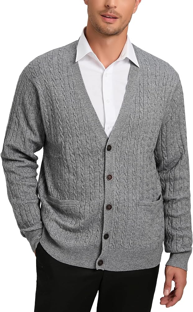 Kallspin Men's Cardigan Sweater Wool Blend Cable Knit V Neck Buttons Cardigan with Pockets