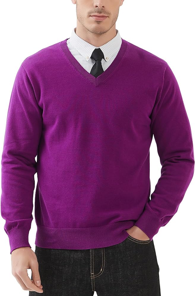 Kallspin Men's V Neck Sweater Pullover Pure Cotton Regular Fit Long Sleeve Knitting Sweaters