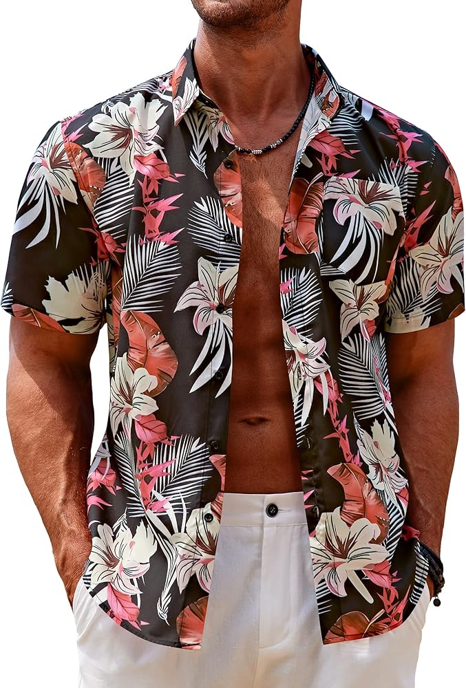 COOFANDY Mens Hawaiian Tropical Shirt Short Sleeve Casual Button Down Floral Summer Beach Shirts with Pocket