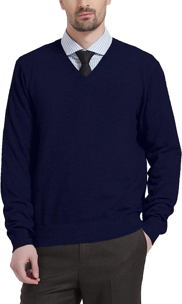 Kallspin Men's Wool Blend V-Neck Sweater Relax Fit Knit Pullover for Fall Winter