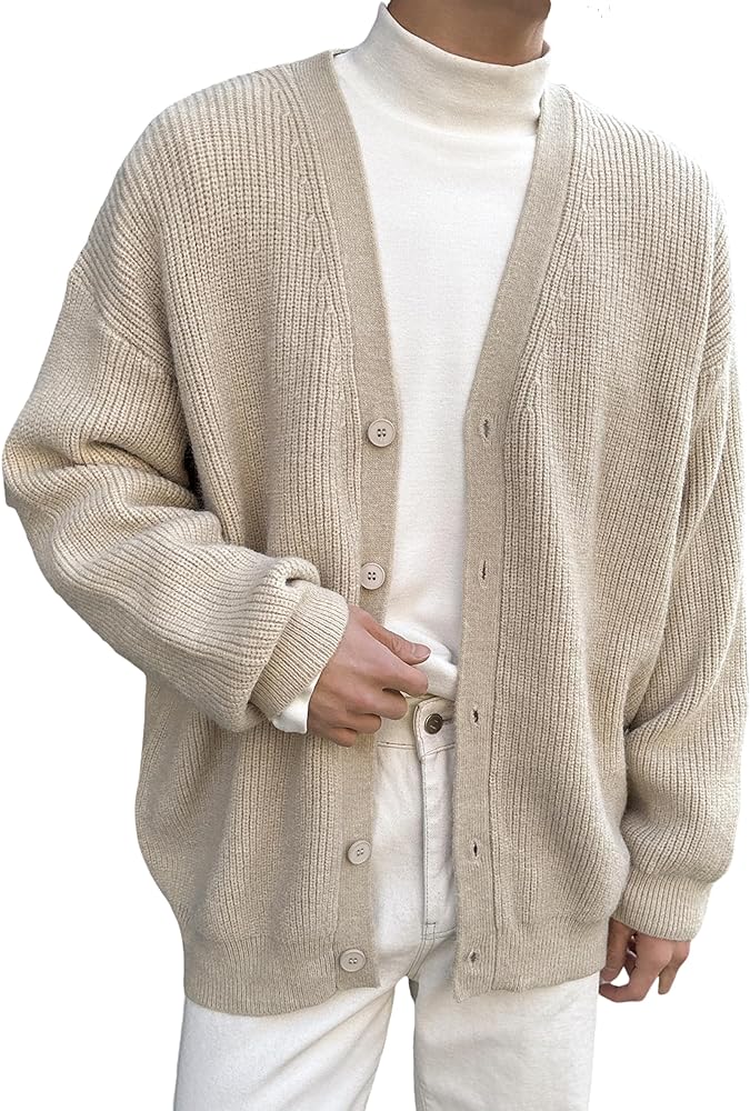 Floerns Men's Casual Long Sleeve Button Front V Neck Rib Knit Cardigan Sweater