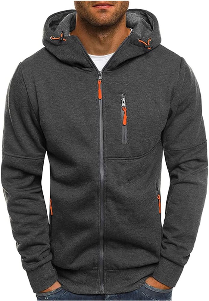 Men Hoodies Casual Hoodies for Men with Zip Pockets Full Zip Long Sleeve Sweatshirt Sports Hooded Jacket