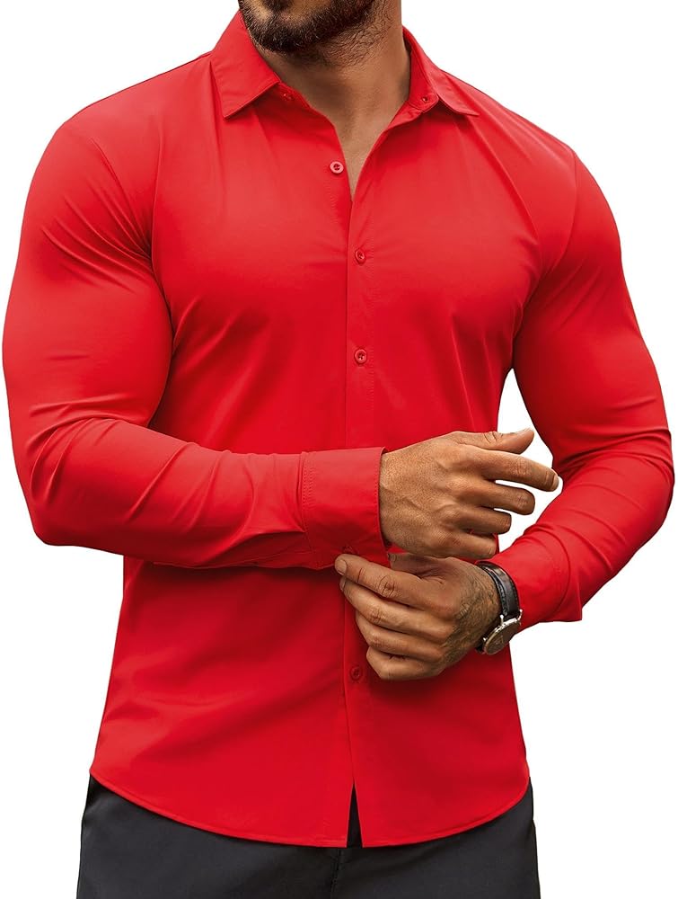 COOFANDY Men's Muscle Fit Dress Shirts Stretch Wrinkle-Free Long Sleeve Casual Button Down Shirts