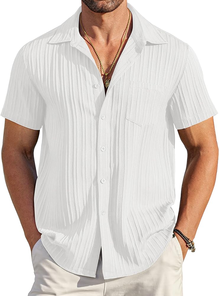 COOFANDY Men's Casual Button Down Shirts Short Sleeve Textured Summer Beach Shirt with Pocket