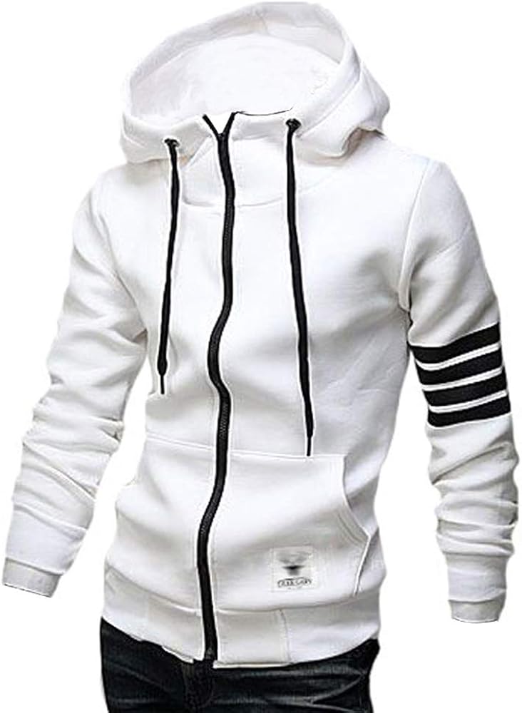 Men's Hoodies Casual Striped Drawstring Hooded And Zipper Closure Hoodie Slim Fit Fleece Sweatshirt