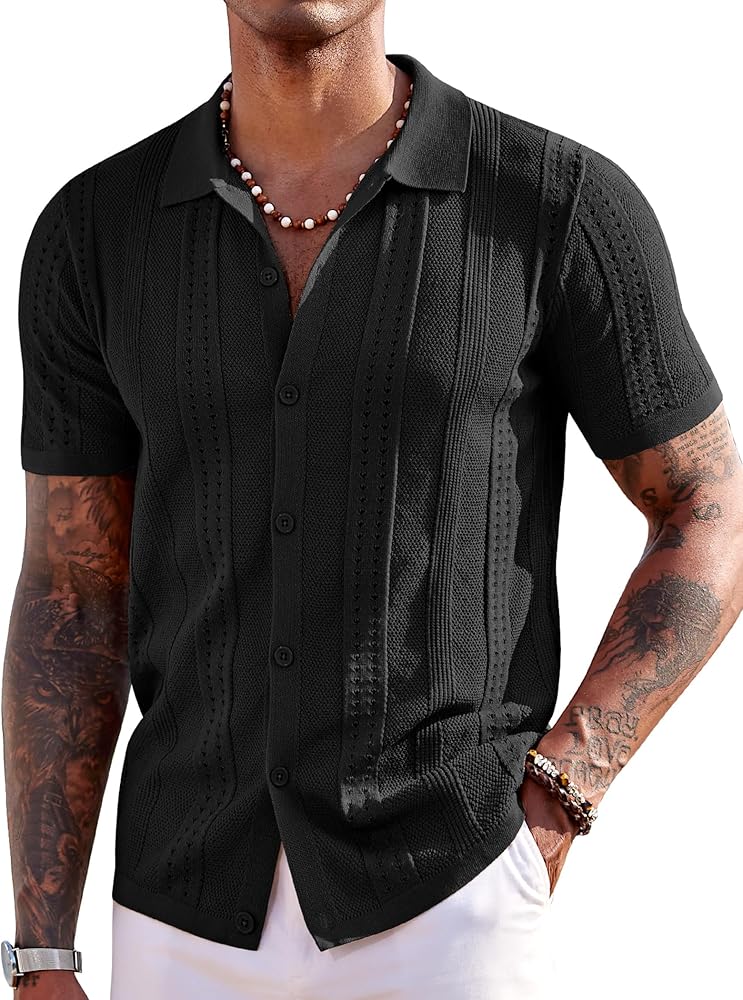 COOFANDY Men's Knit Shirts Short Sleeve Button Down Polo Shirt Fashion Casual Summer Beach Shirts