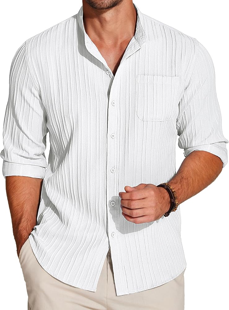 COOFANDY Men's Casual Shirt Linen Beach Long Sleeve Button Down Textured Shirts