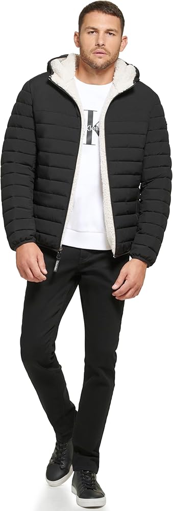 Calvin Klein Men's Hooded Down Jacket, Quilted Coat, Sherpa Lined