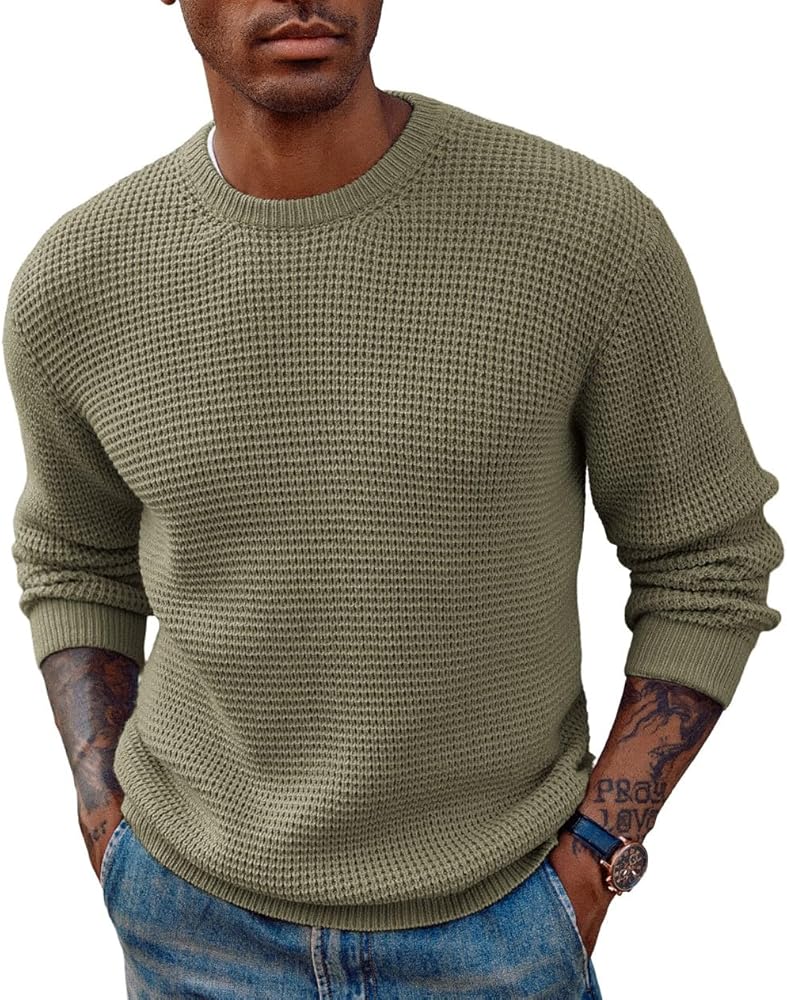 PJ PAUL JONES Mens Crewneck Pullover Sweater Waffle Textured Long Sleeve Knitted Sweaters