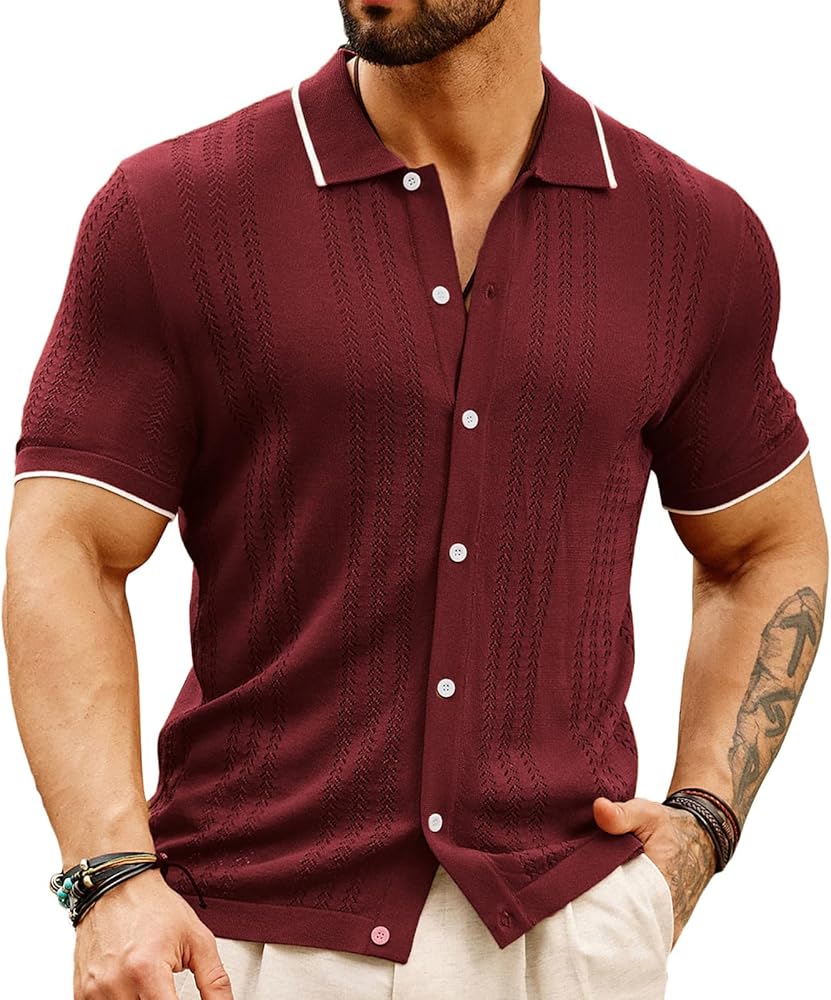 GRACE KARIN Men's Knit Polo Shirt Breathable Hollow Out Casual Button Down Shirts