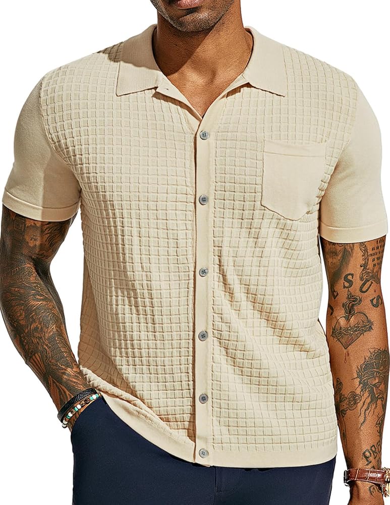 PJ PAUL JONES Men's Knit Shirt Short Sleeve Waffle Polo Shirt Casual Summer Shirt with Pocket