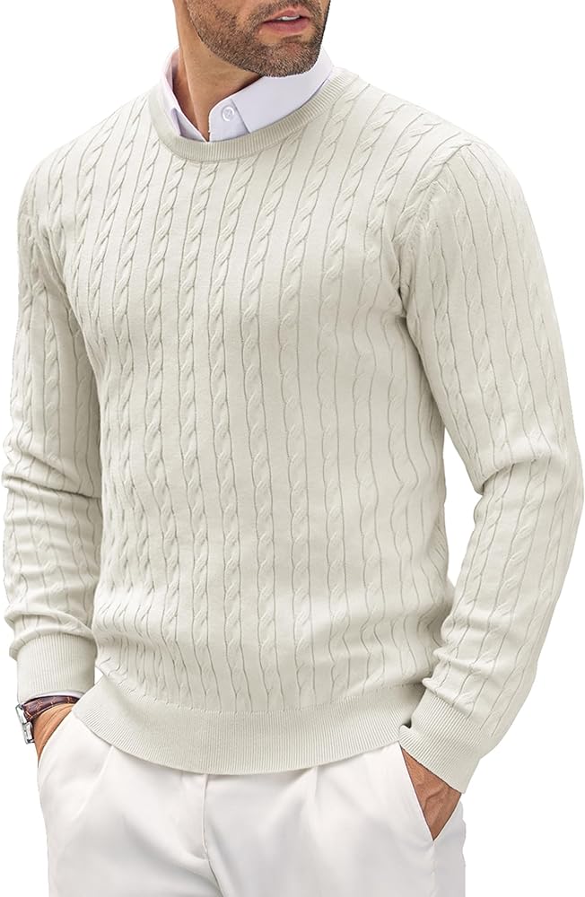 COOFANDY Men's Crewneck Knit Sweater Slim Fit Lightweight Casual Twist Patterned Cable Knitted Pullover