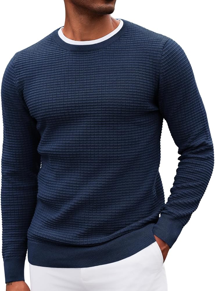 COOFANDY Mens Crewneck Pullover Sweater Lightweight Fitted Long Sleeve Dress Sweater with Jacquard Pattern