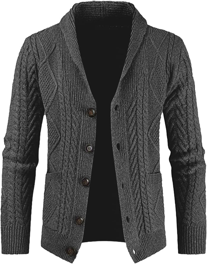 JMIERR Men's Casual Long Sleeve Shawl Collar Buttons Down Cable Knit Cardigan Sweater with Pockets