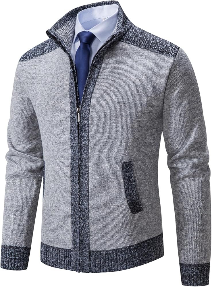 Men's Cardigan Sweaters Full Zip Up Stand Collar Slim Fit Casual Knitted Sweater with 2 Front Pockets