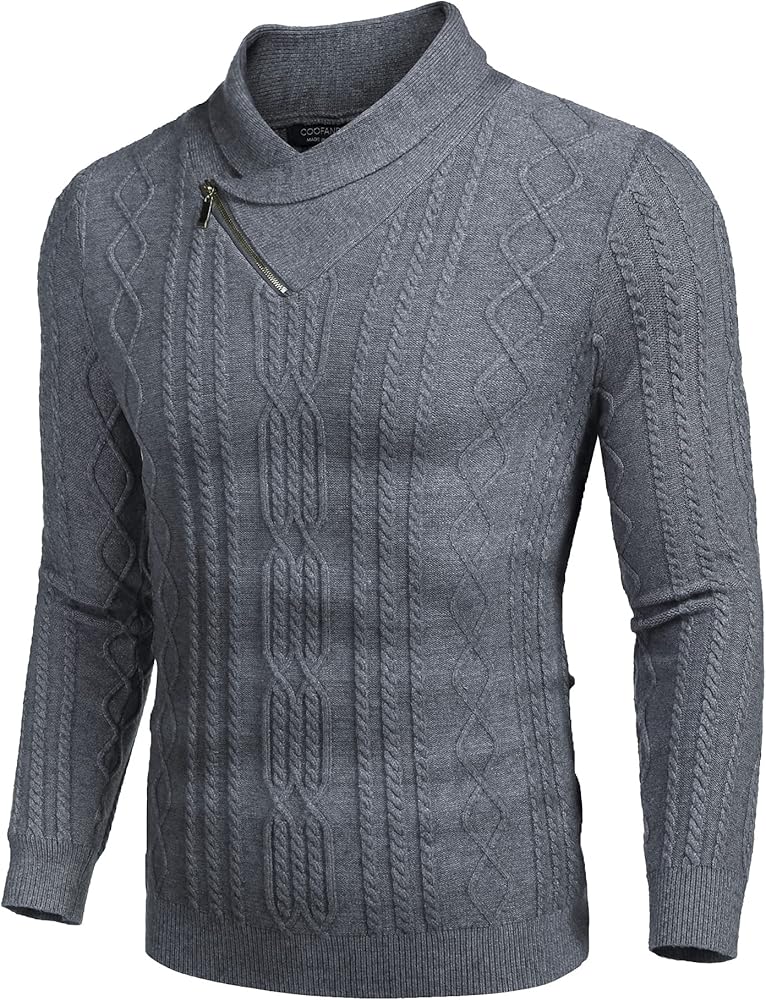 COOFANDY Men's Shawl Collar Sweater Slim Fit Casual Zip Pullover Cable Knitted Sweaters