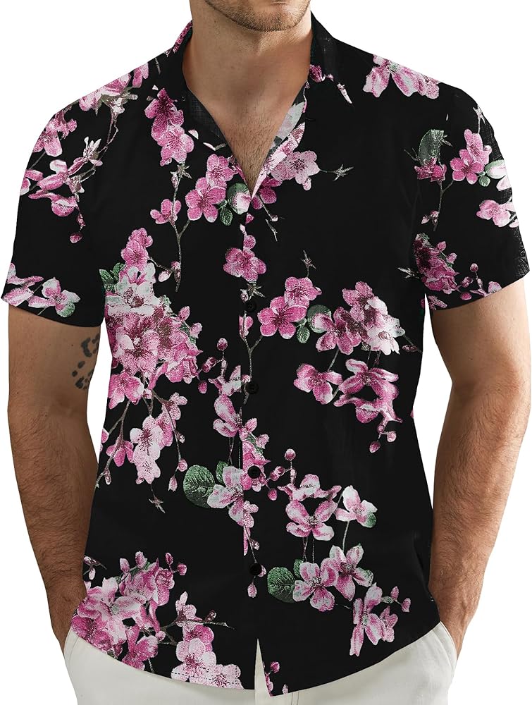 JOGAL Men's Flower Casual Button Down Short Sleeve Hawaiian Shirt