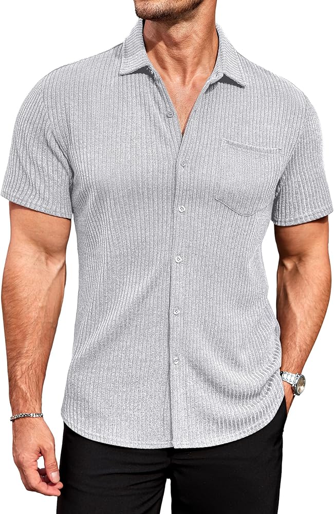 COOFANDY Men Muscle Fit Dress Shirts Slim Fit Knitted Short Sleeve Casual Button Down Shirt